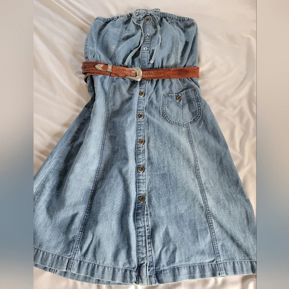 Y2K Levi's Strapless Cotton Denim Button Down Midi Length Dress - Picture 14 of 15